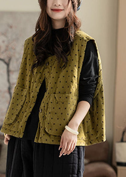 Handmade Yellow Pockets Dot Print Waistcoat Fall