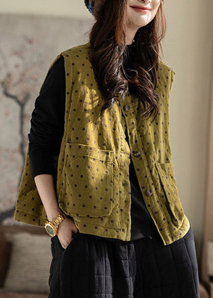 Handmade Yellow Pockets Dot Print Waistcoat Fall