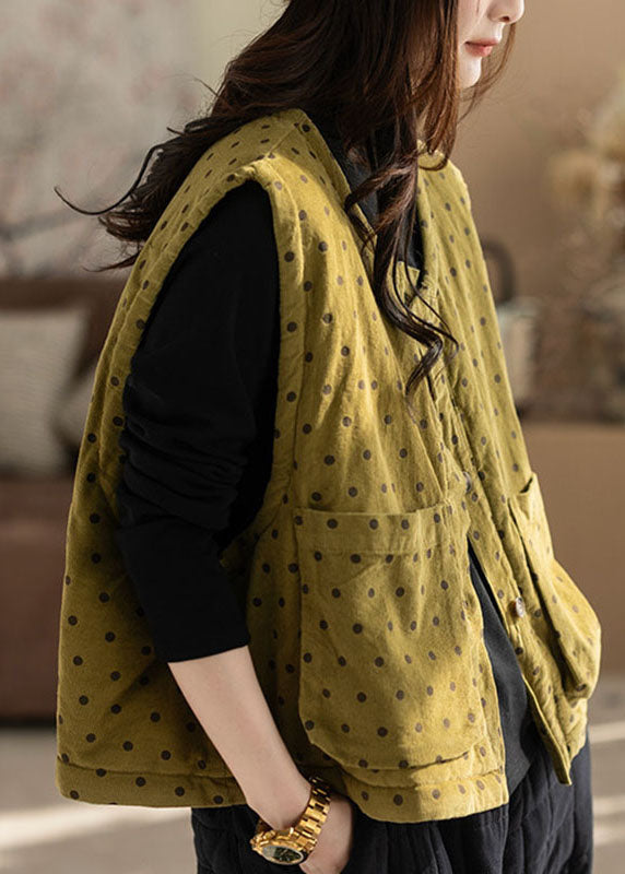Handmade Yellow Pockets Dot Print Waistcoat Fall