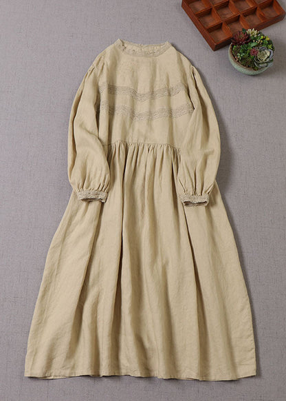 Handmade Yellow Puff Sleeve Patchwork Linen Dresses Spring