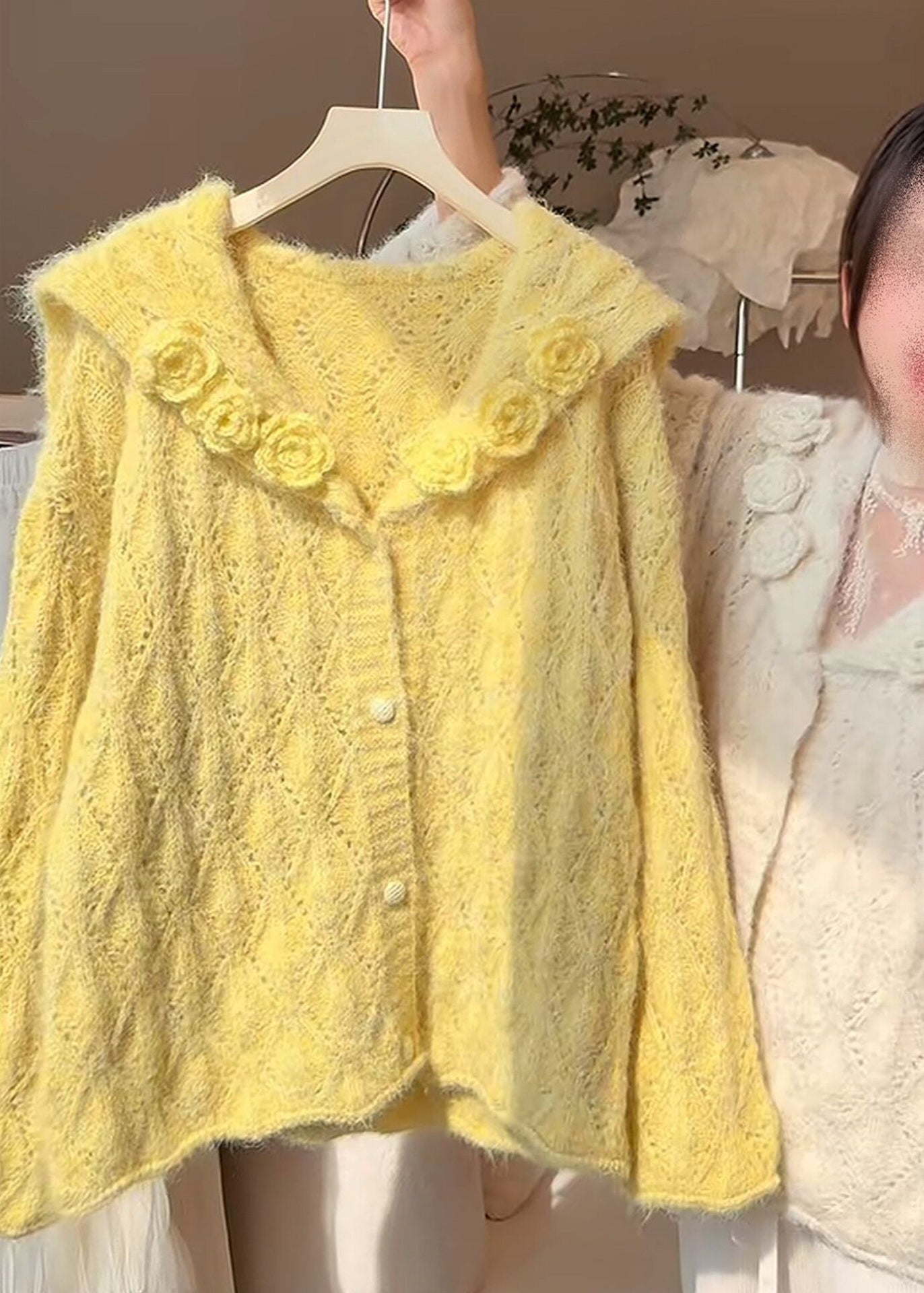 Handmade Yellow Sailor Collar Floral Knit Cardigans Winter
