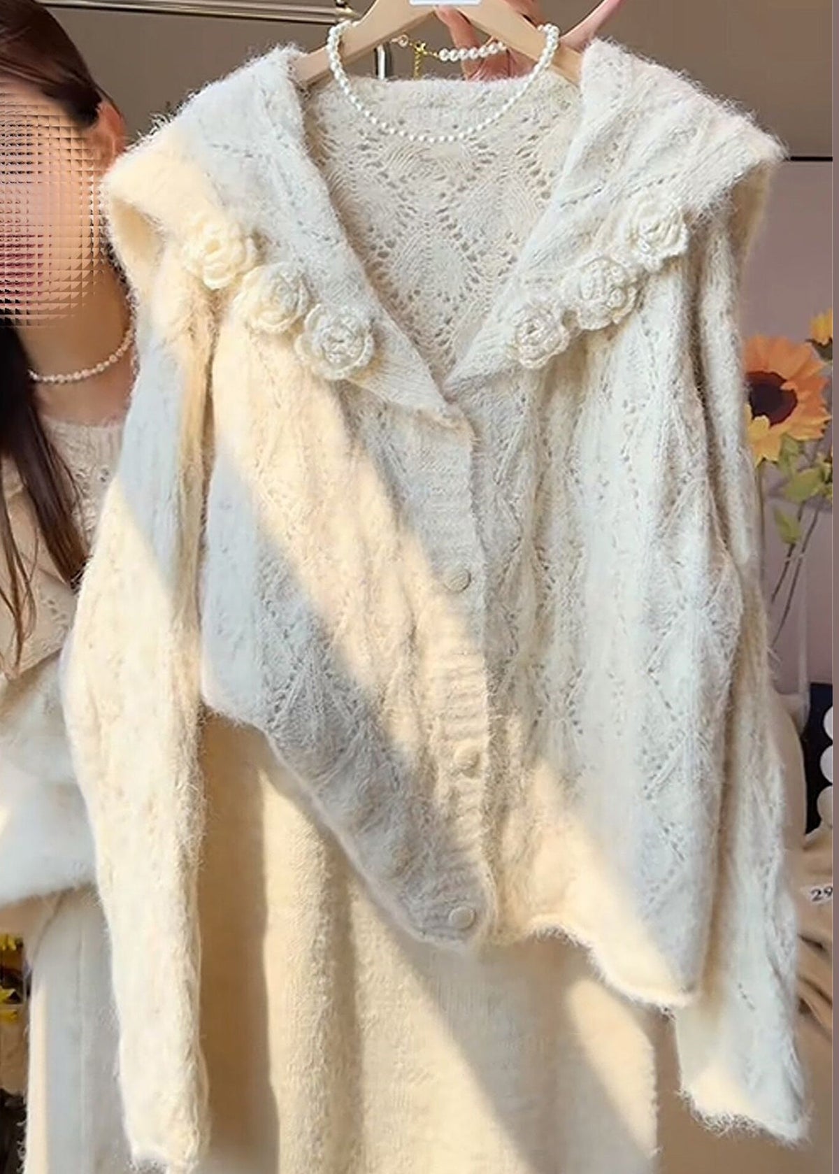 Handmade Yellow Sailor Collar Floral Knit Cardigans Winter