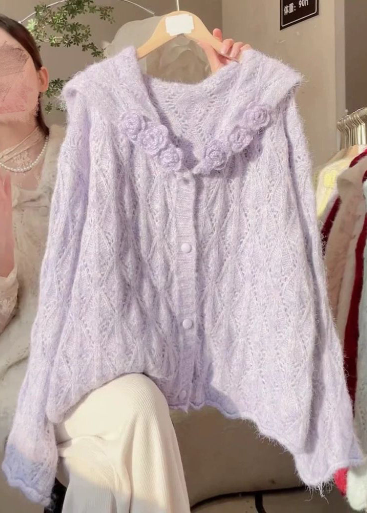 Handmade Yellow Sailor Collar Floral Knit Cardigans Winter