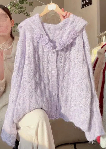 Handmade Yellow Sailor Collar Floral Knit Cardigans Winter
