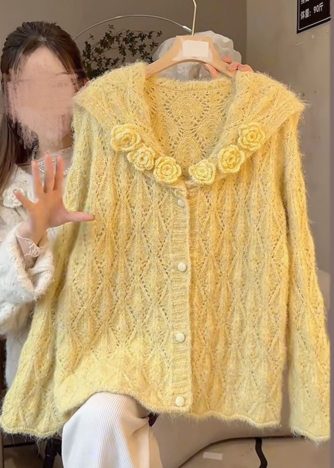 Handmade Yellow Sailor Collar Floral Knit Cardigans Winter