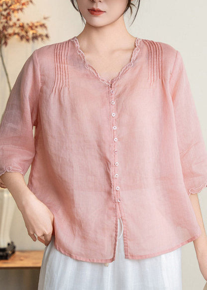 Handmade Yellow V Neck Patchwork Button Solid Linen T Shirts Fall