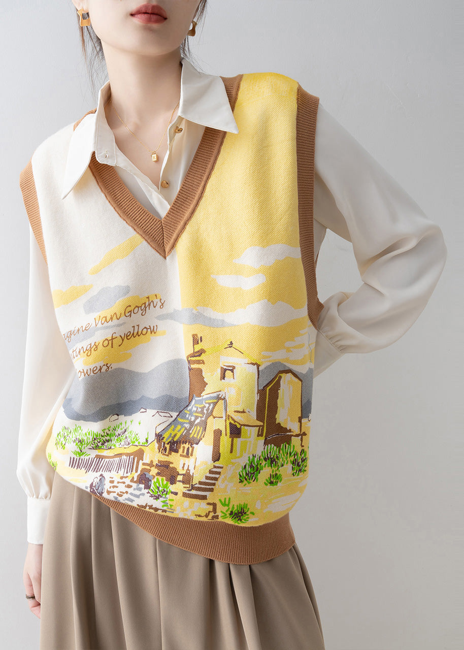 Handmade Yellow V Neck Print Knit Vests Spring