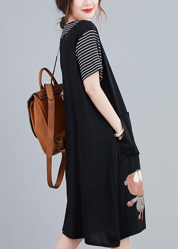 Handmade black Cartoon cotton tunics for women false two pieces Art summer Dresses - SooLinen