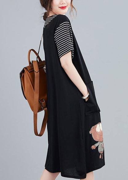 Handmade black Cartoon cotton tunics for women false two pieces Art summer Dresses - SooLinen