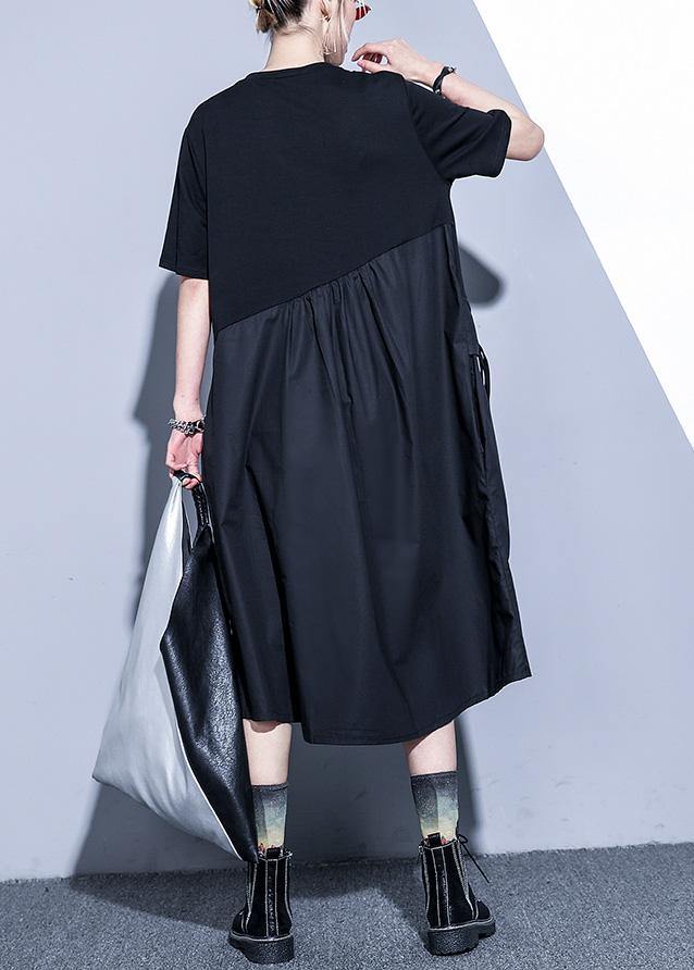 Handmade black Cotton o neck asymmetric Midi summer Dress - SooLinen