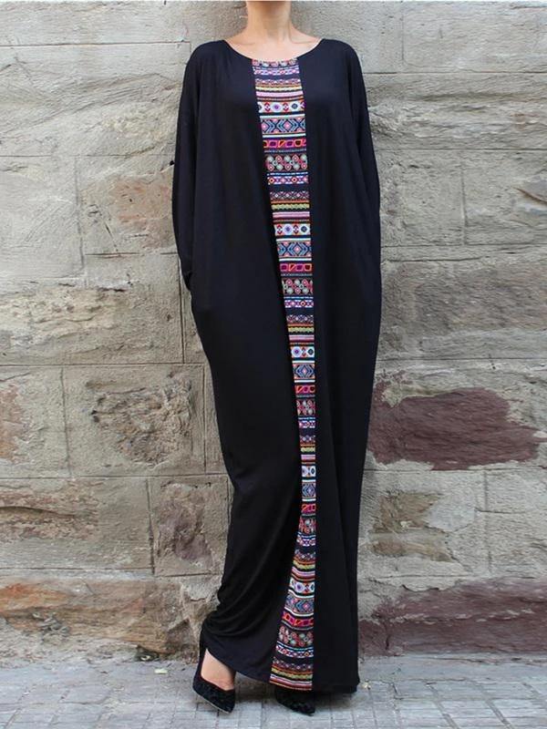 Handmade black cotton Tunics patchwork o neck Robe Dresses - SooLinen