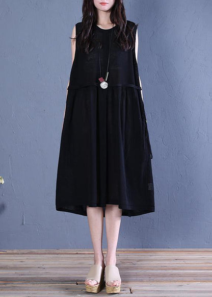 Handmade black linen clothes o neck patchwork shift summer Dresses - SooLinen