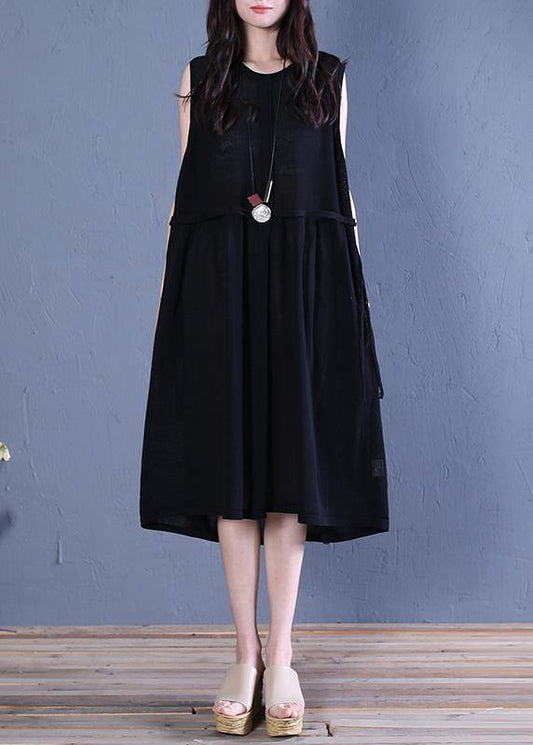 Handmade black linen clothes o neck patchwork shift summer Dresses - SooLinen