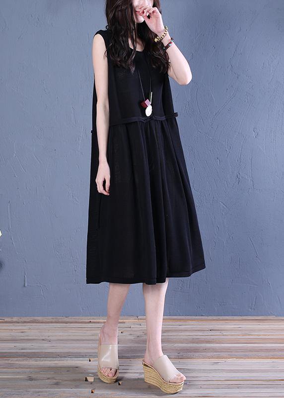 Handmade black linen clothes o neck patchwork shift summer Dresses - SooLinen
