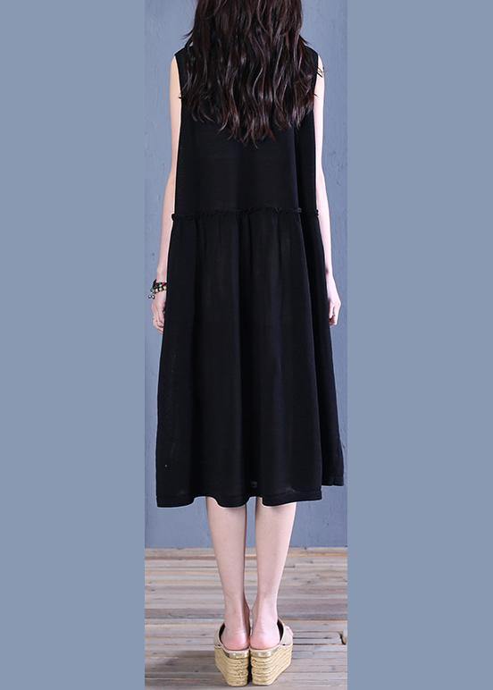 Handmade black linen clothes o neck patchwork shift summer Dresses - SooLinen