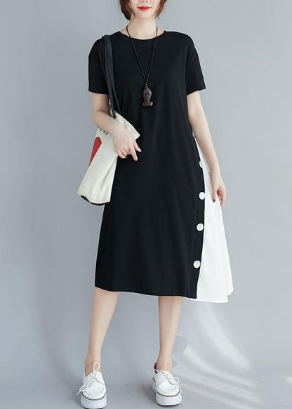 Handmade black patchwork white clothes For Women o neck A Line Dresses - SooLinen