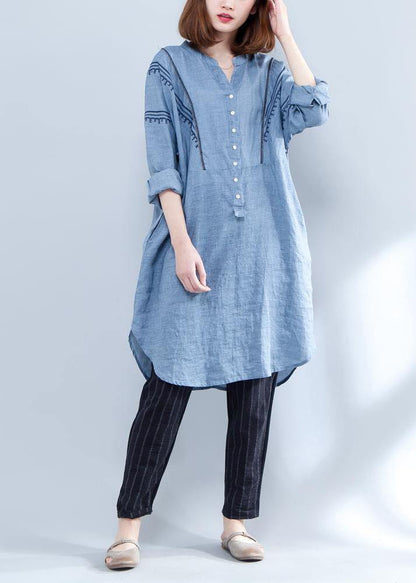 Handmade blue linen clothes embroidery Midi summer Dresses - SooLinen