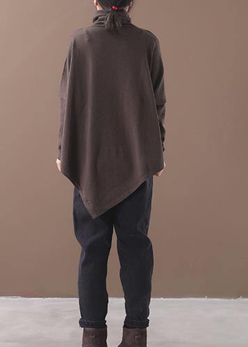 Handmade chocolate cotton tunics for women asymmetric hem short high neck blouse - SooLinen