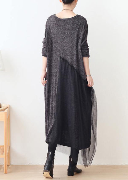 Handmade gray patchwork tulle clothes For Women o neck Dresses - SooLinen