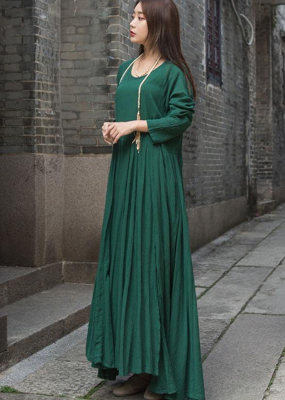 Handmade green cotton dresses long sleeve Maxi summer Dresses - SooLinen