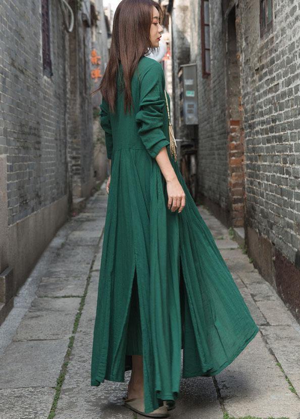 Handmade green cotton dresses long sleeve Maxi summer Dresses - SooLinen