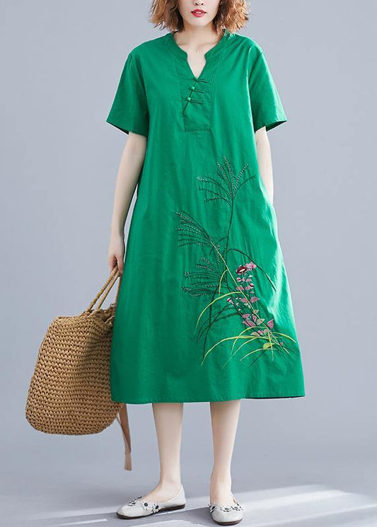 Handmade green embroidery linen Robes Chinese Button cotton summer Dresses - SooLinen
