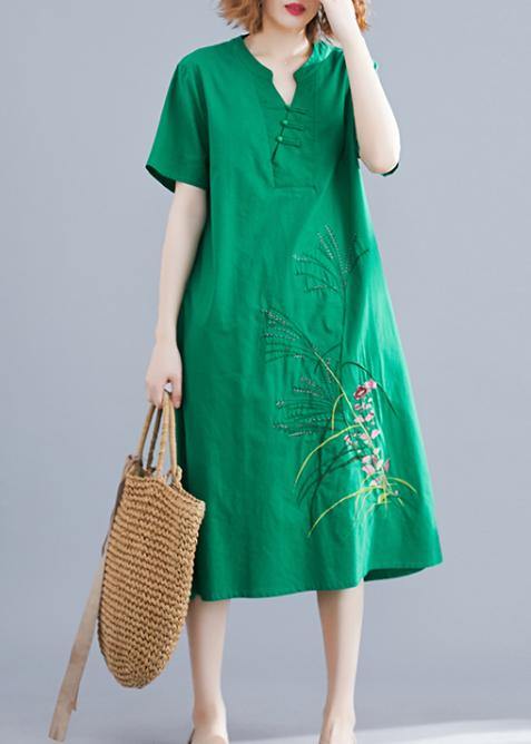 Handmade green embroidery linen Robes Chinese Button cotton summer Dresses - SooLinen