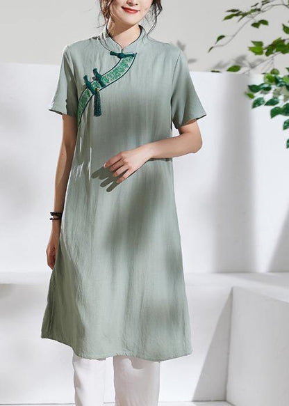 Handmade green embroidery linen dresses stand collar loose summer Dress - SooLinen