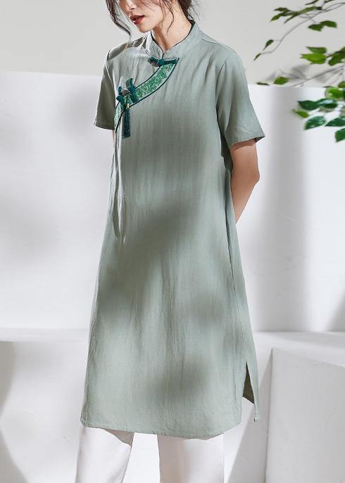 Handmade green embroidery linen dresses stand collar loose summer Dress - SooLinen