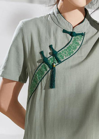 Handmade green embroidery linen dresses stand collar loose summer Dress - SooLinen