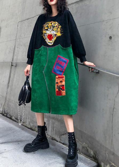 Handmade green embroidery outfit o neck patchwork Art Dresses - SooLinen