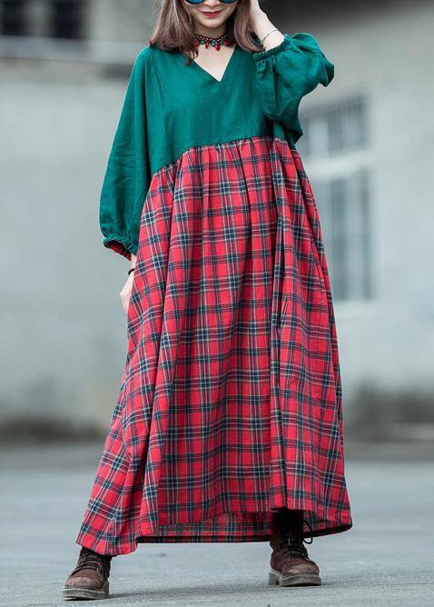Handmade green patchwork Plaid cotton quilting dresses v neck lantern sleeve cotton robes summer Dress - SooLinen