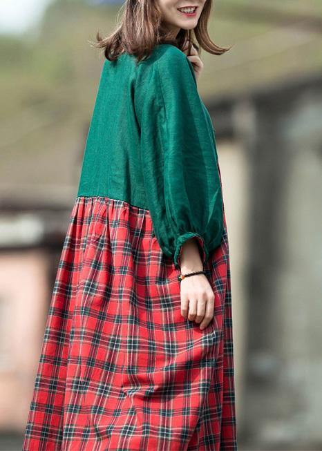 Handmade green patchwork Plaid cotton quilting dresses v neck lantern sleeve cotton robes summer Dress - SooLinen