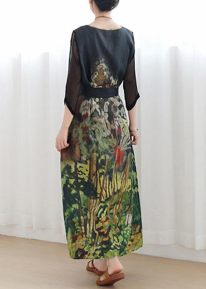Handmade green print Robes v neck tie waist Maxi summer Dress - SooLinen