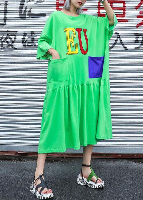 Handmade green print cotton Wardrobes o neck pockets long summer Dress - SooLinen