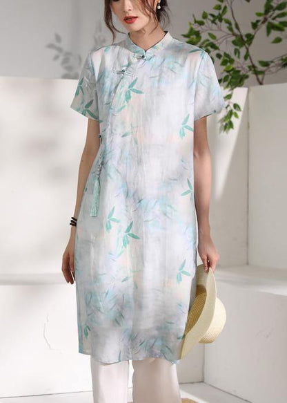 Handmade green print linen clothes stand collar tassel oversized summer Dresses - SooLinen