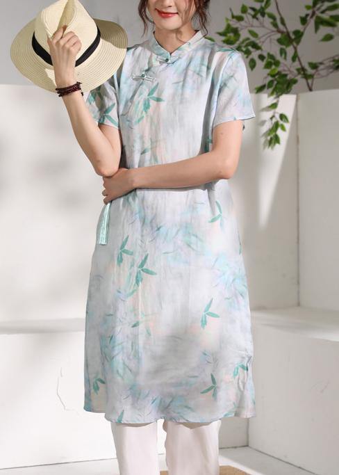 Handmade green print linen clothes stand collar tassel oversized summer Dresses - SooLinen