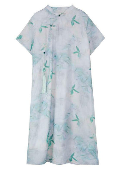 Handmade green print linen clothes stand collar tassel oversized summer Dresses - SooLinen