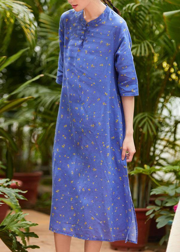 Handmade half sleeve o neck linen Wardrobes Outfits blue print Dress summer - SooLinen