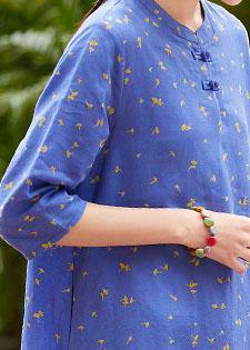 Handmade half sleeve o neck linen Wardrobes Outfits blue print Dress summer - SooLinen