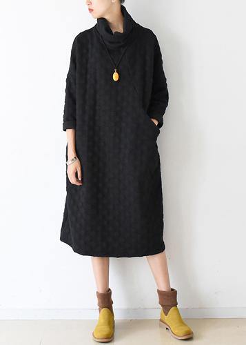Handmade high neck fall dress pattern black dotted loose Dress - SooLinen