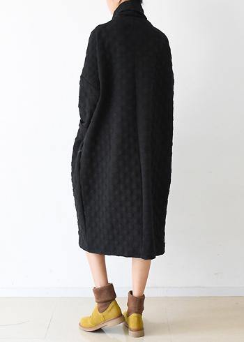 Handmade high neck fall dress pattern black dotted loose Dress - SooLinen
