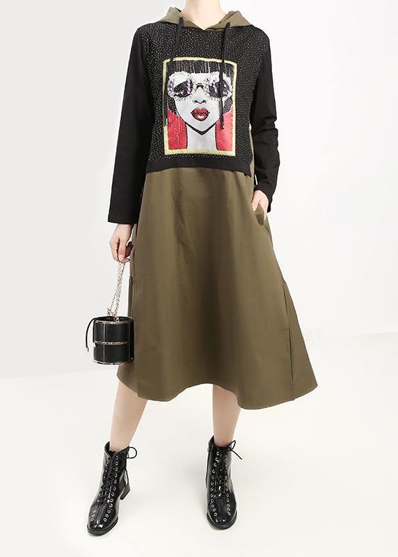 Handmade hooded cotton prints tunic dress fall Work green patchwork Art Dress - SooLinen