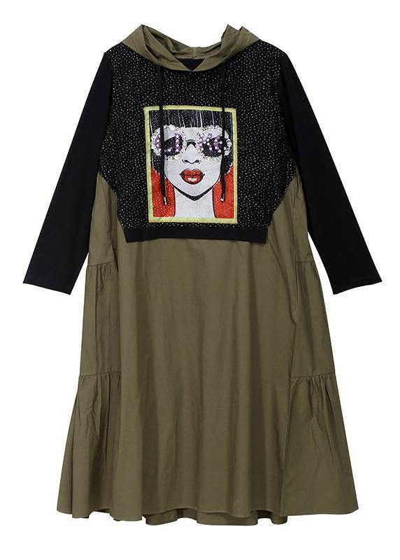 Handmade hooded cotton prints tunic dress fall Work green patchwork Art Dress - SooLinen