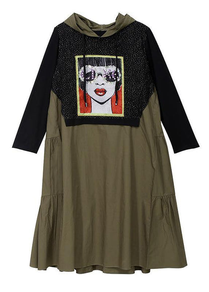 Handmade hooded cotton prints tunic dress fall Work green patchwork Art Dress - SooLinen