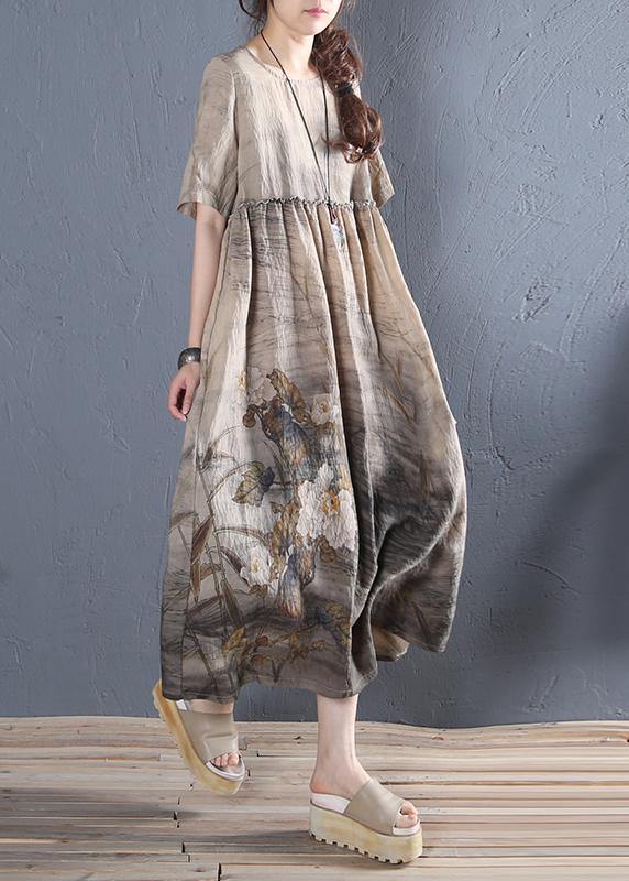 Handmade khaki print cotton dress o neck short sleeve Dresses summer Dress - SooLinen