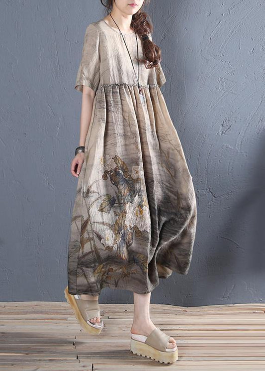 Handmade khaki print cotton dress o neck short sleeve Dresses summer Dress - SooLinen