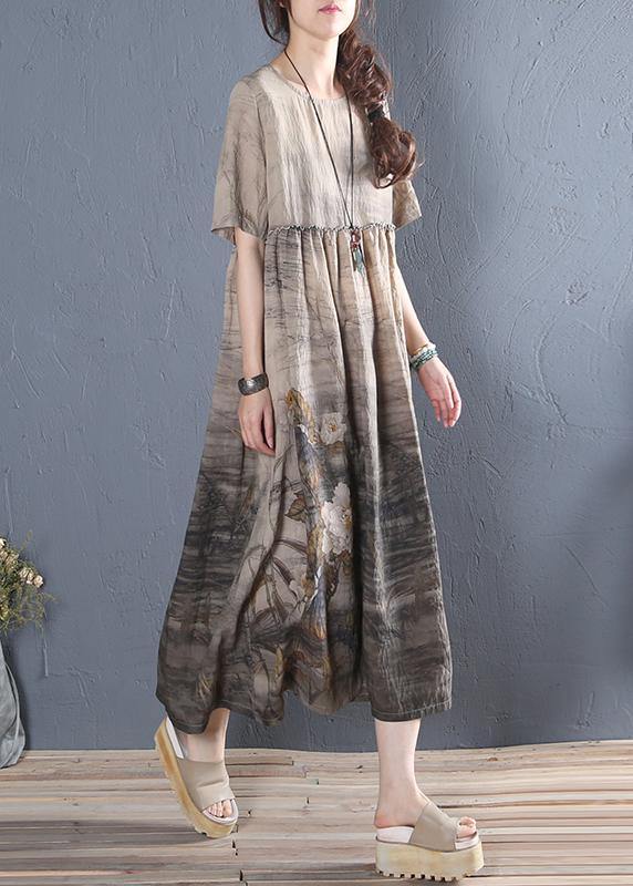 Handmade khaki print cotton dress o neck short sleeve Dresses summer Dress - SooLinen