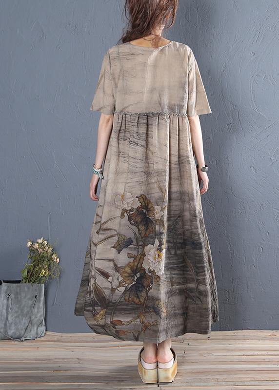 Handmade khaki print cotton dress o neck short sleeve Dresses summer Dress - SooLinen