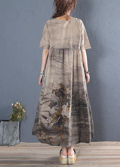 Handmade khaki print cotton dress o neck short sleeve Dresses summer Dress - SooLinen